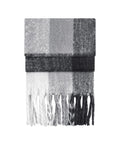 Scarves: A soft, fluffy folded scarf with a light-to-dark grey gradient pattern and thick, twisted fringe at the bottom.