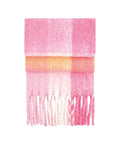 A pink and peach gradient scarf with twisted fringe along the bottom edge is displayed against a white background.