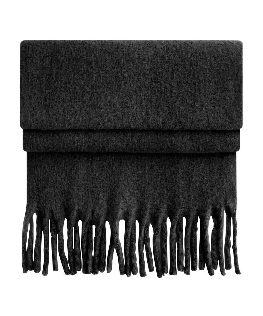 A scarves product in dark grey or black is displayed against a white background. It features a soft texture and evenly spaced fringes along the bottom edge.