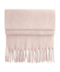 A light pink, rectangular Scarves product made of soft, textured fabric is folded neatly on a plain white background. Evenly spaced, twisted fringe tassels run along one edge.