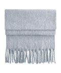 A folded light grey Scarves product with a soft texture and long, thick fringes at the ends is displayed against a white background.