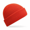 The Beechfield B508R is a vibrant red knitted beanie featuring a folded brim, displayed against a white background.