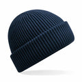 A navy blue Beechfield B508R ribbed knit beanie featuring a folded cuff.