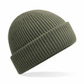 An olive green Beechfield B508R ribbed knit beanie with a folded cuff, showcased against a white background.