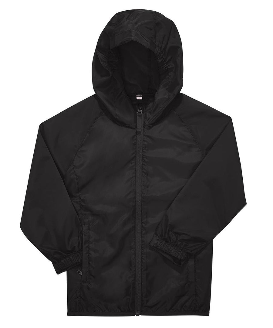 A Jackets brand black hooded jacket with a front zip, elastic-cuff long sleeves, and two side pockets, displayed flat on a white background.