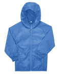 Jackets: Light blue, hooded, front zip, long sleeves, elasticated cuffs. Made from lightweight, water-resistant material.
