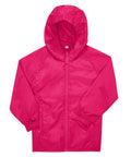 A lightweight, shiny, bright pink Jackets hooded jacket with a front zip, long sleeves, and elasticated cuffs; made from water-resistant material.