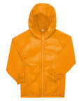 A bright orange hooded jacket with a front zip, long sleeves, and elasticated cuffs is displayed against a white background.