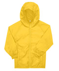A yellow hooded jacket with a front zip, long sleeves featuring elasticated cuffs, and two side pockets, shown on a plain white background.