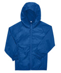 The Jackets product is a plain blue hooded jacket featuring a front zip, long sleeves, and elasticated cuffs, displayed against a white background.