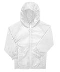 A light-coloured, shiny Jackets windcheater with a hood, front zip, long sleeves, and elasticated cuffs is laid flat facing forwards with the hood up.