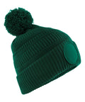 A green Beanies knitted beanie with a large pom-pom and a round patch on the folded brim, displayed against a white background.