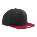 The Beechfield B610C is a black cap that includes a red brim, a red button on top, and small red eyelets around the crown.