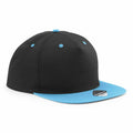 A Beechfield B610C black snapback hat with a light blue brim and button, featuring a small round sticker on the brim.