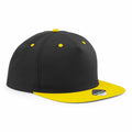 A Beechfield B610C cap in black with a vibrant yellow flat brim and coordinated yellow accents on the top, eyelets, and button, featuring a sticker on the brim.