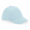 The Beechfield B63NB baseball cap in light blue, featuring a curved brim and six panels, is showcased against a white background. The cap includes a button on top and embroidered ventilation holes on each panel.