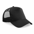 A Beechfield B640B black trucker cap, featuring a mesh back and solid front panel, is displayed against a white background.
