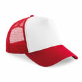The Beechfield B640B trucker cap features a red and white design with a mesh back and a curved brim.
