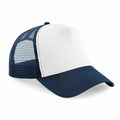 A Beechfield B640B trucker cap in white and navy blue, featuring a mesh back.