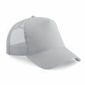 The Beechfield B640B is a light gray trucker cap featuring a solid front panel and a curved brim, with mesh material on the sides and back.