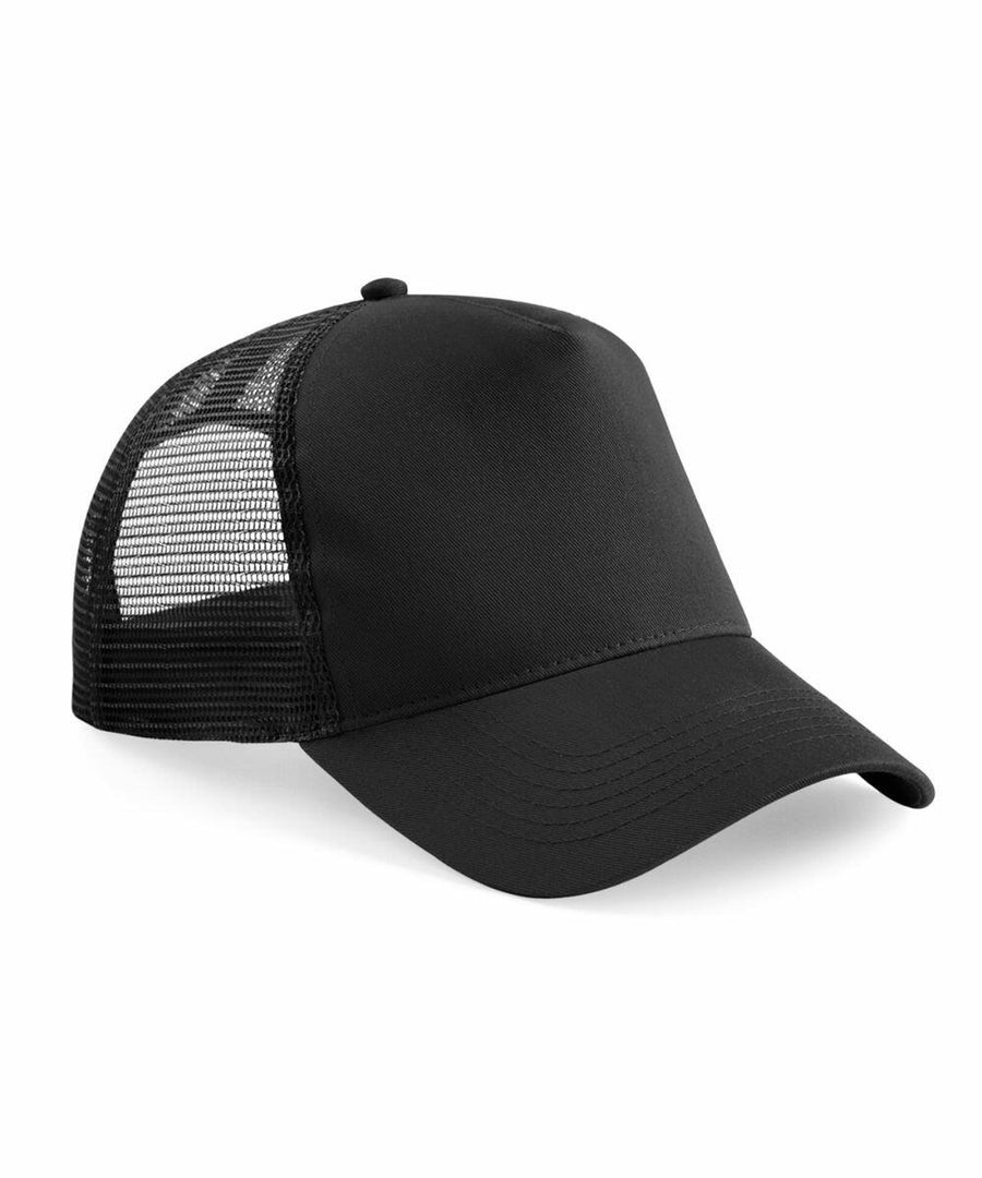 A Beechfield B640B black trucker cap featuring a mesh back section for ventilation and a solid front panel. The cap has a curved bill and an adjustable snapback closure. The mesh is black, matching the color of the rest of the cap.