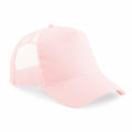 Introducing the Beechfield B640B, a pink trucker cap featuring a solid front and mesh back. It includes a curved brim and an adjustable back strap for a perfect fit.