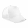 A Beechfield B640B trucker cap featuring a plain white design, mesh back, and solid front panel, displayed against a white background.