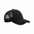 Beechfield B644R black baseball cap featuring a solid front and mesh back panels, displayed from the side against a white background.