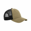 Beechfield's B644R is a khaki and black mesh trucker cap featuring a curved brim and an adjustable back.