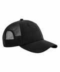 A black B644R by Beechfield with a mesh back panel. The front and brim are solid black, while the sides and back feature breathable mesh fabric. The cap has a classic curved brim and an adjustable snapback closure.