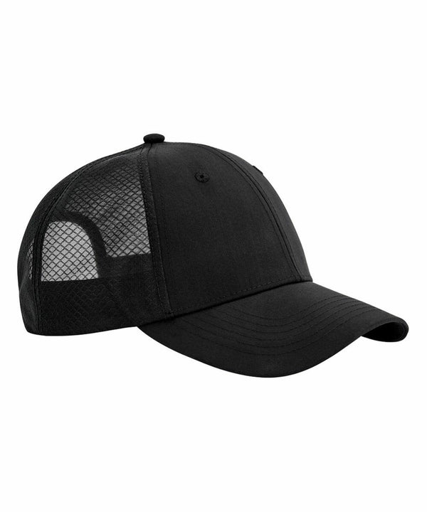 A black B644R by Beechfield with a mesh back panel. The front and brim are solid black, while the sides and back feature breathable mesh fabric. The cap has a classic curved brim and an adjustable snapback closure.