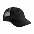 Beechfield's B645B is a black trucker cap featuring a mesh back and a solid front panel.