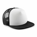 Beechfield B645B mesh trucker cap in white and black, featuring a flat brim.