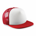 The Beechfield B645B is a red and white trucker cap featuring a white front panel, a red mesh back, and a red brim. It comes with a snapback closure.
