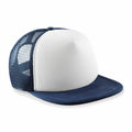 The Beechfield B645B features a two-tone design with a blank white front panel, a blue mesh back, and a matching blue brim. Its mesh construction enhances ventilation, and the hat is displayed against a plain white background.