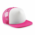 The Beechfield B645B cap features a solid white front panel and pink bill, complemented by pink mesh material on the side and back panels. It boasts a classic snapback design in a trendy pink and white color scheme.