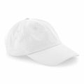 A Beechfield B652N, featuring a plain white design with a curved brim and metal eyelets, is displayed against a white background.