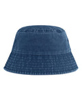 The Hats product is a blue denim bucket hat featuring a wide stitched brim and a slightly faded texture, shown on a white background.