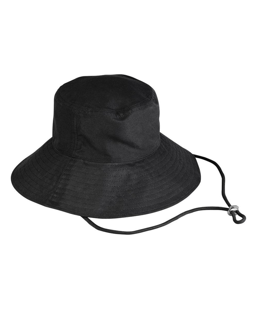 The Hats product is a plain black bucket hat featuring a wide brim and an adjustable chin strap, shown against a white background.