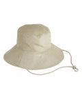 A beige wide-brimmed Hats bucket hat with visible stitching and an adjustable chin strap, shown against a plain white background.