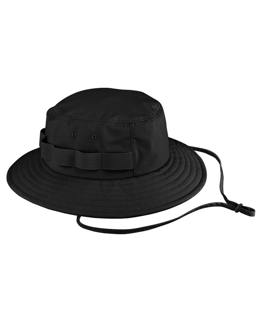 The Hats product is a black boonie hat with stitched panels, loops around the crown, a wide circular brim, and a chin strap shown laid flat.