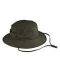 An olive green Hats bucket hat features a wide brim, chin strap, stitched detailing, and a fabric band round the crown. Displayed on a plain white background.