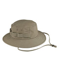 A khaki boonie hat from Hats featuring a wide brim, ventilation eyelets, and an adjustable chin strap, shown on a white background.