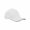 A Beechfield B820C plain white baseball cap featuring a curved brim and black piping along the edge, placed on a white background. The cap showcases a standard six-panel design with a button on top.