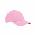 A Beechfield B821B baseball cap features a pink colour with a curved brim and a button on top. The cap is designed with six panels and ventilation eyelets, providing it with a classic and casual style. The image showcases the cap against a plain white background.