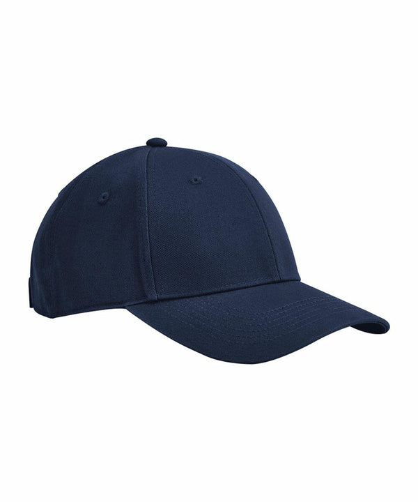 A solid navy blue Beechfield B821B with a curved brim and buttoned top. The cap is plain with no visible logo or design, featuring ventilation eyelets on the sides and a structured front panel.