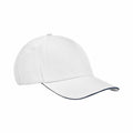 The Beechfield B825C is a simple white baseball cap featuring a black trim along the edge of its curved brim. It includes a button on top and noticeable stitching lines.