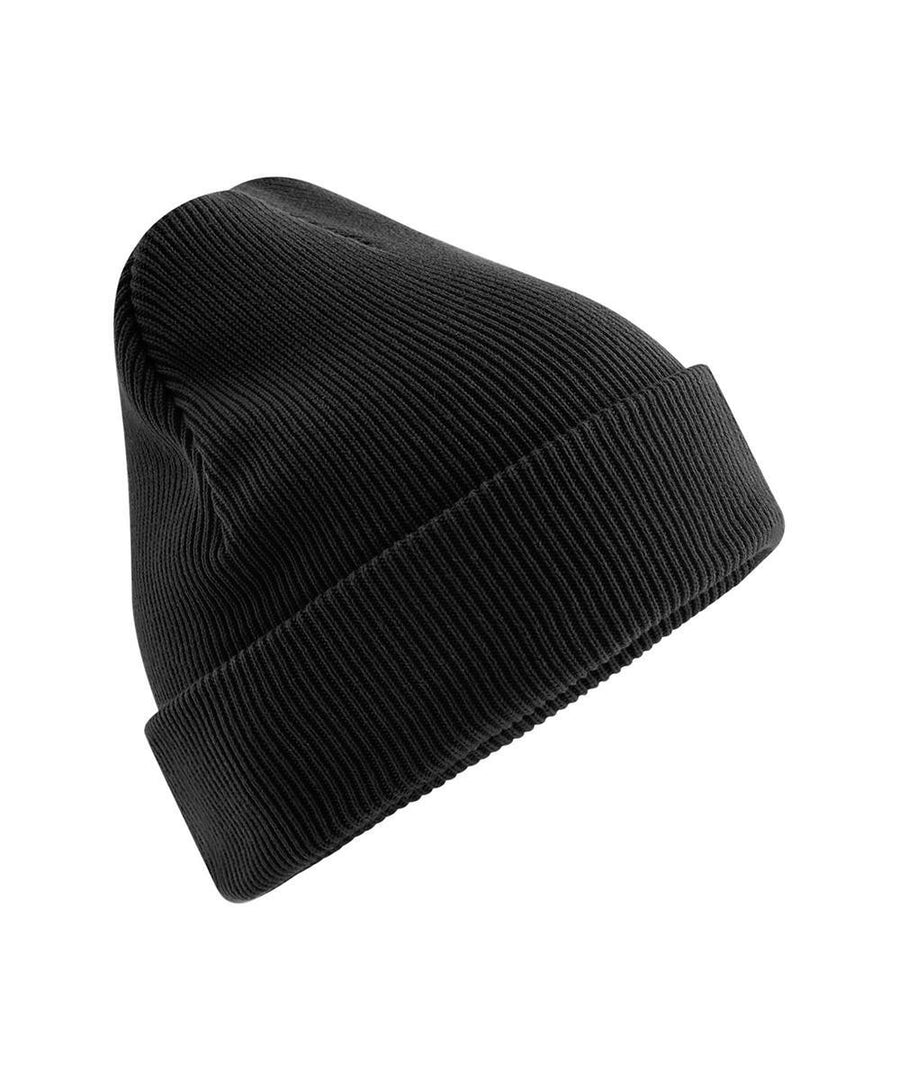 The Beanies black knitted hat features a folded brim and ribbed texture, shown angled against a white background to highlight its minimalist design.