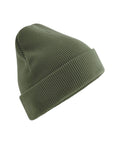 A plain olive green ribbed knit beanie with a turned-up cuff, shown on a white background and angled to display the top and side.