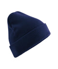 A Beanies brand dark blue knitted beanie with a turned-up brim is shown against a white background.